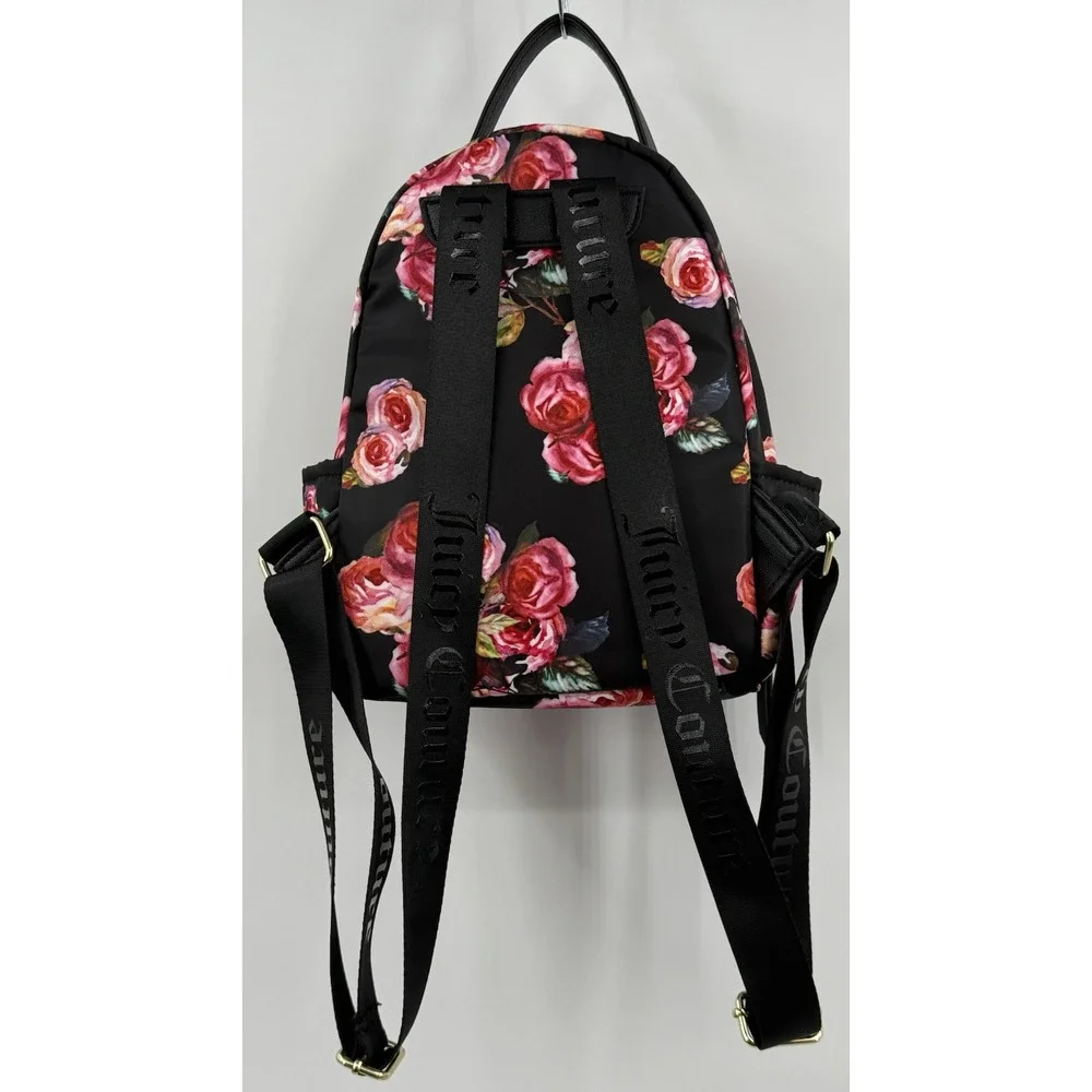 Juicy Couture Mini Backpack Red‎ Pink Roses Black Logo Straps Pockets